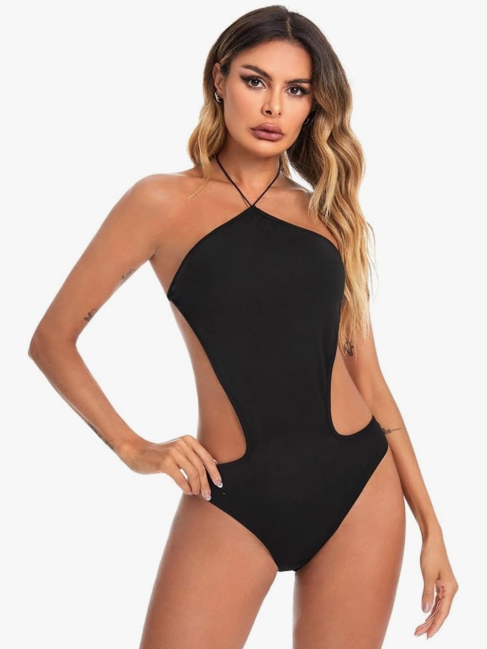 Women's Cut Out Tied Backless Halter Bodysuit Shirt Black M